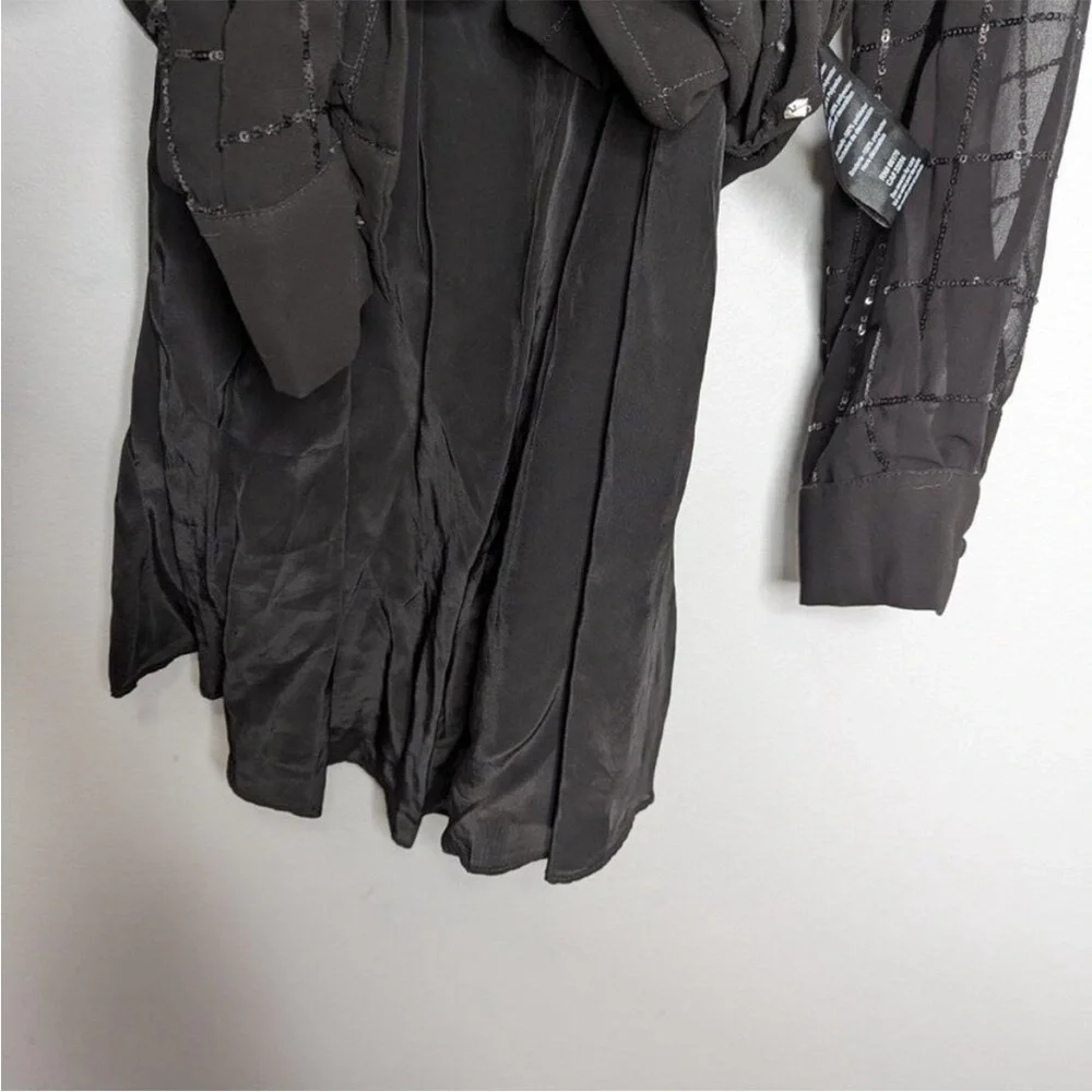 Anthropologie Rinku Dalamal Black Sequin Shirt Dress Long Sleeve Sheer Button Up - Picture 7 of 11